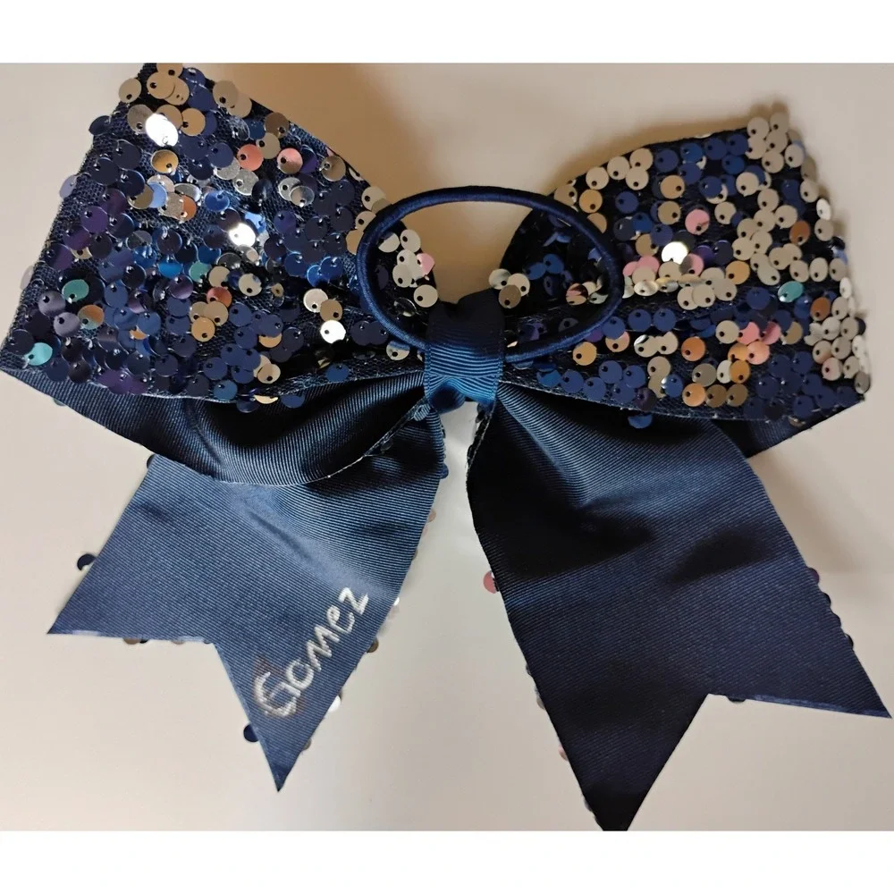 Sparkly Navy Blue Sequin Denim‎ Bow Hair Clip with Custom Name 